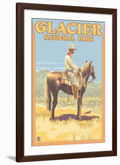 Cowboy on Horseback, Glacier National Park, Montana-Lantern Press-Framed Art Print