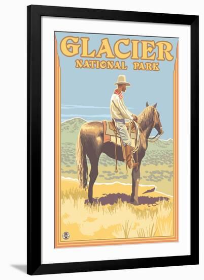 Cowboy on Horseback, Glacier National Park, Montana-Lantern Press-Framed Art Print