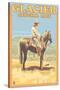 Cowboy on Horseback, Glacier National Park, Montana-Lantern Press-Stretched Canvas