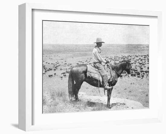 Cowboy on Horseback Watches His Herd Photograph - Texas-Lantern Press-Framed Art Print