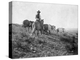 Cowboy on Horseback with Herd of Horses Photograph - Texas-Lantern Press-Stretched Canvas