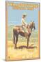 Cowboy on Horseback, Yellowstone National Park-Lantern Press-Mounted Art Print