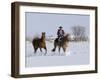 Cowboy Riding Red Dun Quarter Horse Gelding Through Snow, Bethoud, Colorado, USA-Carol Walker-Framed Photographic Print