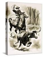 Cowboy Ropes a Steer from Horseback with a Lasso-Henry Charles Fox-Stretched Canvas