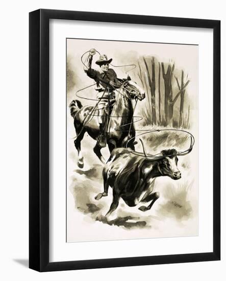 Cowboy Ropes a Steer from Horseback with a Lasso-Henry Charles Fox-Framed Giclee Print