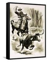 Cowboy Ropes a Steer from Horseback with a Lasso-Henry Charles Fox-Framed Stretched Canvas