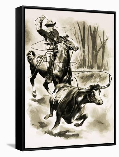 Cowboy Ropes a Steer from Horseback with a Lasso-Henry Charles Fox-Framed Stretched Canvas