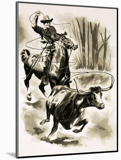 Cowboy Ropes a Steer from Horseback with a Lasso-Henry Charles Fox-Mounted Giclee Print