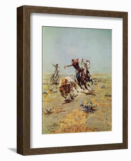 Cowboy Roping A Steer-Charles Marion Russell-Framed Art Print