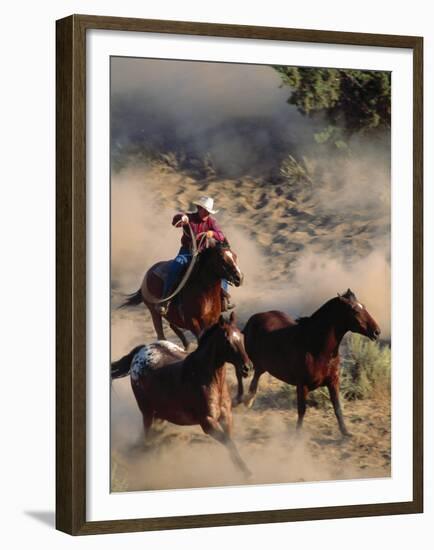 Cowboy Roping Horses-John Luke-Framed Premium Photographic Print