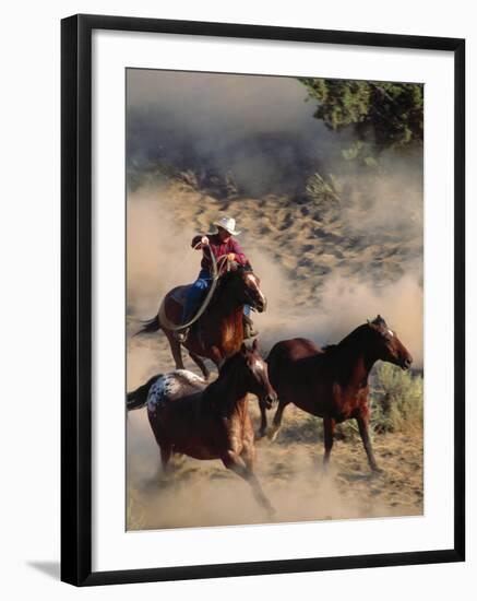 Cowboy Roping Horses-John Luke-Framed Premium Photographic Print
