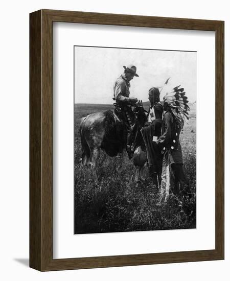 Cowboy Trading with Indians Using Sign Language - Tucumcari, NM-Lantern Press-Framed Art Print