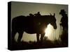 Cowboy With His Horse at Sunset, Ponderosa Ranch, Oregon, USA-Josh Anon-Stretched Canvas