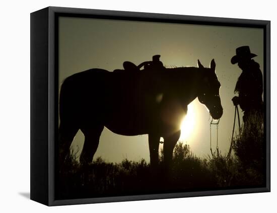 Cowboy With His Horse at Sunset, Ponderosa Ranch, Oregon, USA-Josh Anon-Framed Stretched Canvas