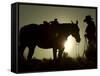 Cowboy With His Horse at Sunset, Ponderosa Ranch, Oregon, USA-Josh Anon-Framed Stretched Canvas