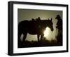 Cowboy With His Horse at Sunset, Ponderosa Ranch, Oregon, USA-Josh Anon-Framed Premium Photographic Print