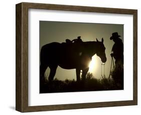 Cowboy With His Horse at Sunset, Ponderosa Ranch, Oregon, USA-Josh Anon-Framed Photographic Print