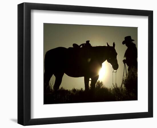 Cowboy With His Horse at Sunset, Ponderosa Ranch, Oregon, USA-Josh Anon-Framed Photographic Print