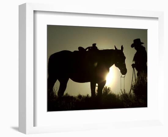 Cowboy With His Horse at Sunset, Ponderosa Ranch, Oregon, USA-Josh Anon-Framed Photographic Print