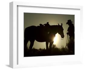 Cowboy With His Horse at Sunset, Ponderosa Ranch, Oregon, USA-Josh Anon-Framed Photographic Print