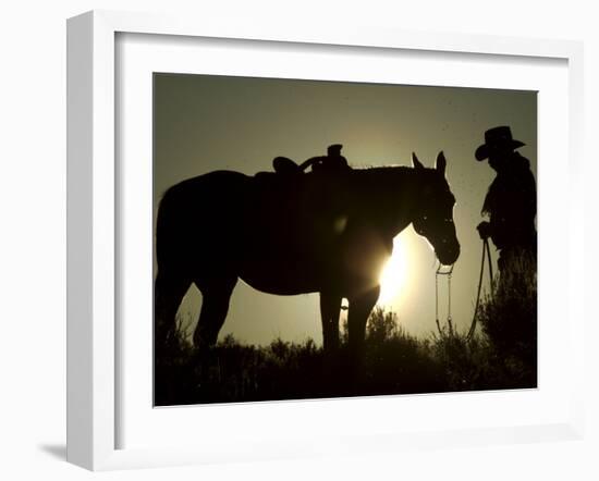 Cowboy With His Horse at Sunset, Ponderosa Ranch, Oregon, USA-Josh Anon-Framed Photographic Print