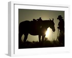 Cowboy With His Horse at Sunset, Ponderosa Ranch, Oregon, USA-Josh Anon-Framed Photographic Print