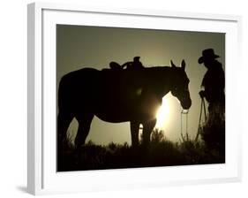 Cowboy With His Horse at Sunset, Ponderosa Ranch, Oregon, USA-Josh Anon-Framed Photographic Print