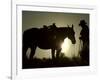 Cowboy With His Horse at Sunset, Ponderosa Ranch, Oregon, USA-Josh Anon-Framed Photographic Print