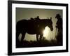 Cowboy With His Horse at Sunset, Ponderosa Ranch, Oregon, USA-Josh Anon-Framed Photographic Print