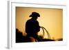 Cowboy with Lasso Silhouette at Small-Town Rodeo. Buyers Note: Image Contains Added Grain to Enhanc-Sascha Burkard-Framed Photographic Print