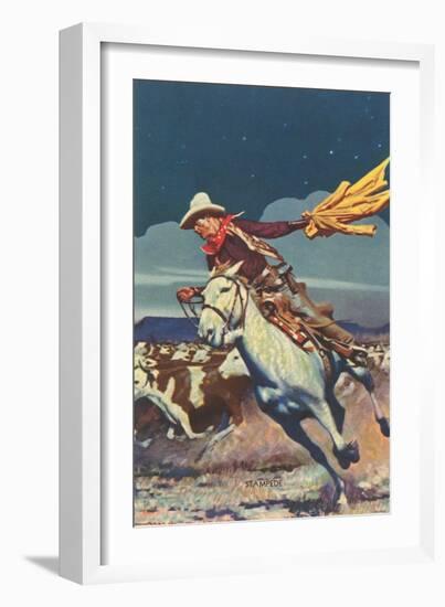 Cowboy with Stampede-null-Framed Art Print