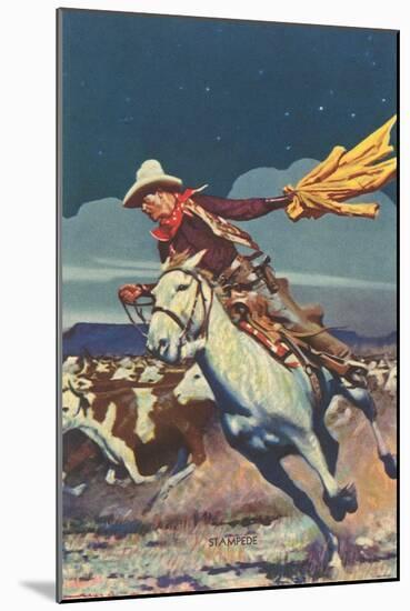 Cowboy with Stampede-null-Mounted Art Print
