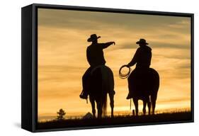 Cowboys and Horses in Silhouette at Dawn on Ranch, British Colombia, Canada-Peter Adams-Framed Stretched Canvas