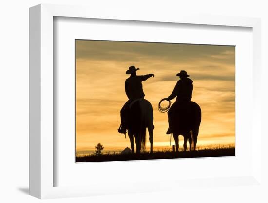 Cowboys and Horses in Silhouette at Dawn on Ranch, British Colombia, Canada-Peter Adams-Framed Photographic Print