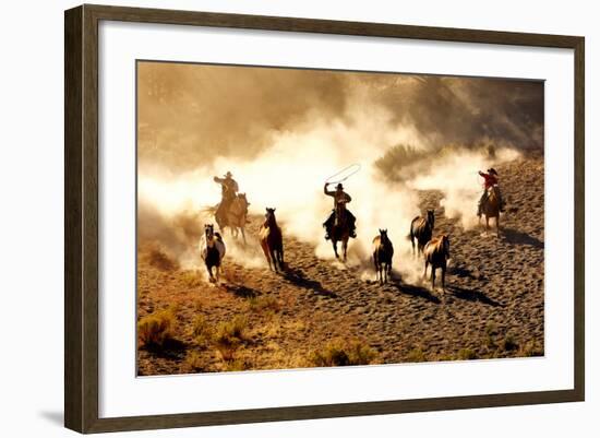 Cowboys Chasing Wilding Horses. Roping and Riding, with Dust Flying Everywhere-Jeanne Provost-Framed Photographic Print