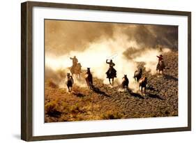 Cowboys Chasing Wilding Horses. Roping and Riding, with Dust Flying Everywhere-Jeanne Provost-Framed Photographic Print