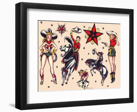Cowboys & Cowgirls, Authentic Rodeo Tatooo Flash by Norman Collins, aka, Sailor Jerry-Piddix-Framed Art Print