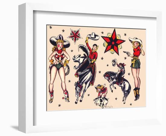 Cowboys & Cowgirls, Authentic Rodeo Tatooo Flash by Norman Collins, aka, Sailor Jerry-Piddix-Framed Art Print