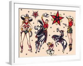 Cowboys & Cowgirls, Authentic Rodeo Tatooo Flash by Norman Collins, aka, Sailor Jerry-Piddix-Framed Art Print