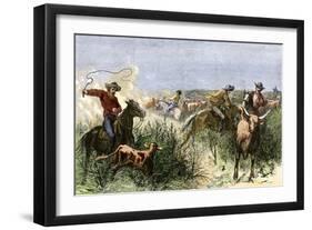 Cowboys Cutting Out Cattle to Drive a Herd from Texas to Kansas, c.1870-null-Framed Giclee Print