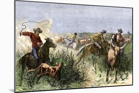 Cowboys Cutting Out Cattle to Drive a Herd from Texas to Kansas, c.1870-null-Mounted Giclee Print