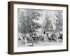 Cowboys Eating Dinner on Ground Under Trees Photograph - South Dakota-Lantern Press-Framed Art Print