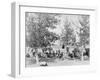 Cowboys Eating Dinner on Ground Under Trees Photograph - South Dakota-Lantern Press-Framed Art Print