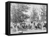 Cowboys Eating Dinner on Ground Under Trees Photograph - South Dakota-Lantern Press-Framed Stretched Canvas