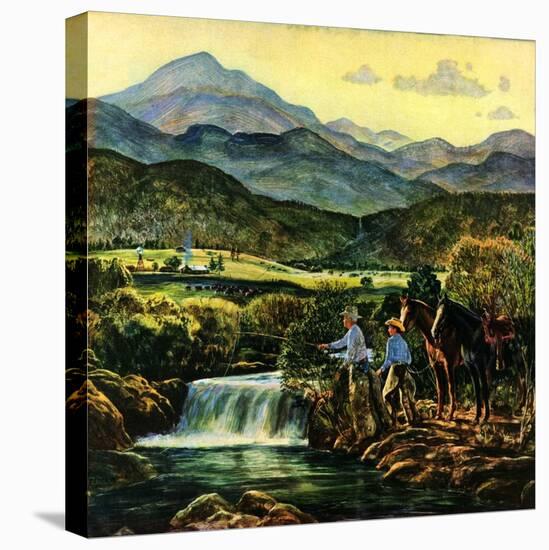"Cowboys Fishing in Stream,"June 1, 1950-Peter Hurd-Stretched Canvas