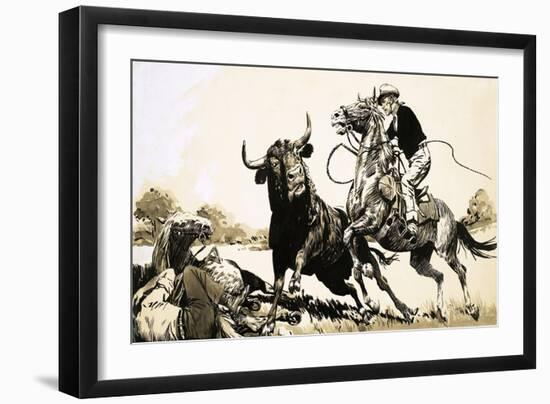 Cowboys in the Australian Outback Try to Rope a Bull-null-Framed Giclee Print