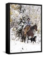 Cowboys Riding in Autumn Aspens with a Fresh Snowfall-Terry Eggers-Framed Stretched Canvas