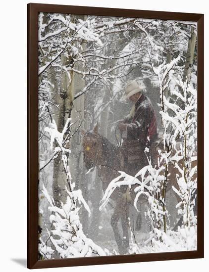 Cowboys Riding in Autumn Aspens with a Fresh Snowfall-Terry Eggers-Framed Photographic Print