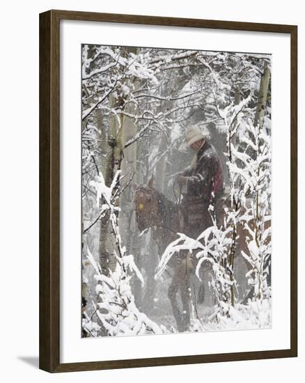 Cowboys Riding in Autumn Aspens with a Fresh Snowfall-Terry Eggers-Framed Photographic Print