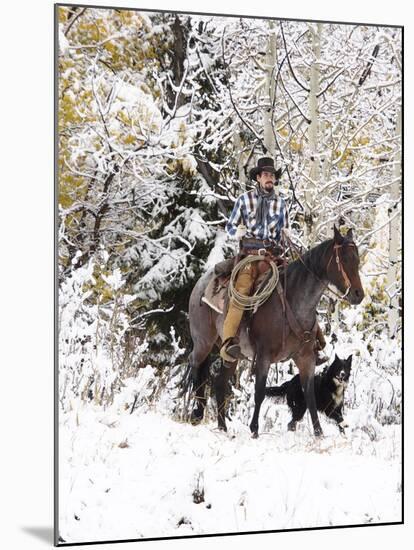 Cowboys Riding in Autumn Aspens with a Fresh Snowfall-Terry Eggers-Mounted Photographic Print